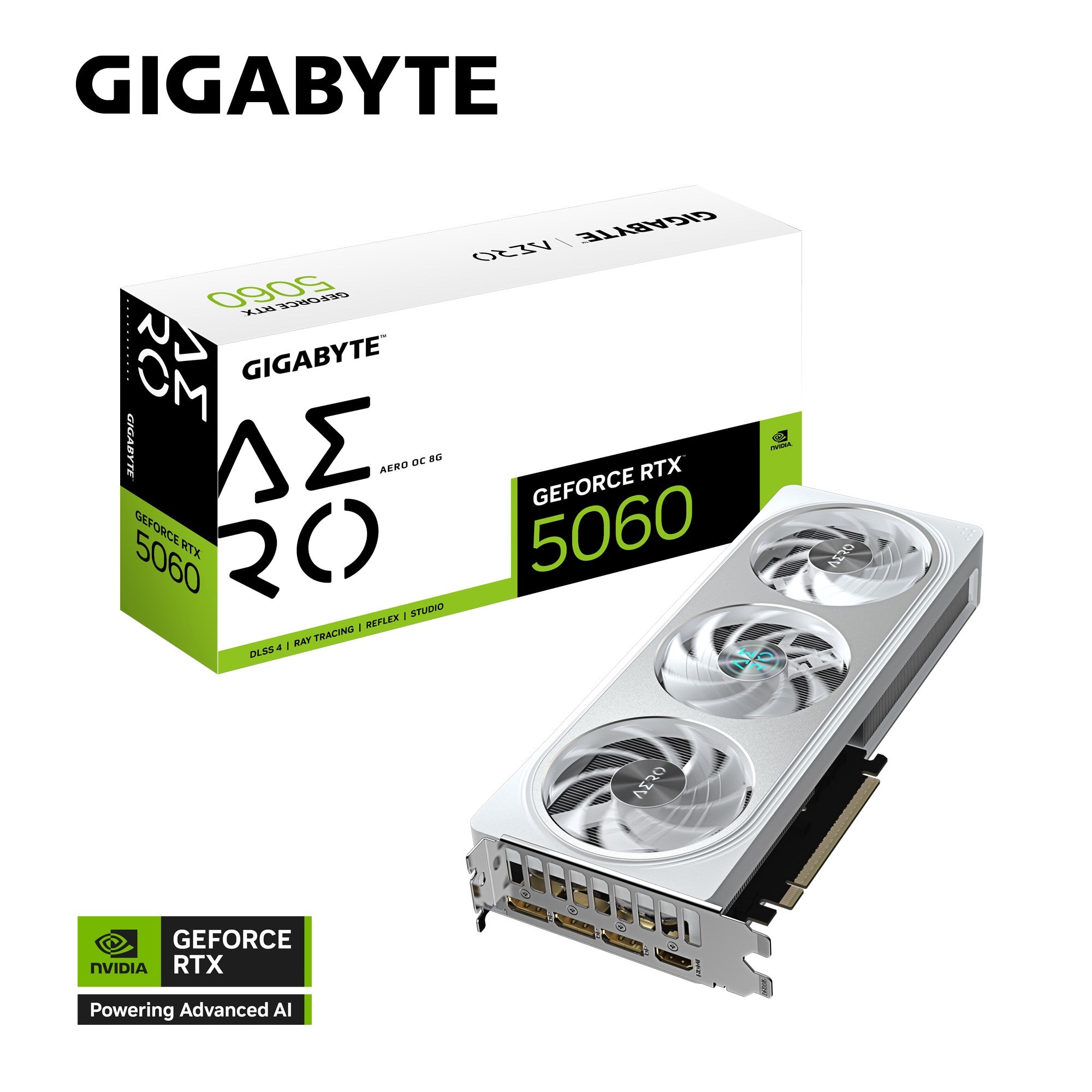 Gigabyte GeForce RTX 5060 AERO OC 8G, 2595 MHz, CUDA 3840, 28 Gbps, GDDR7,  128 bit, PCI-E 5.0, PSU 500W, DisplayPort 2.1b *3 HDMI 2.1b x1 Gigabyte GeForce RTX 5060 AERO OC 8G, 2595 MHz, CUDA 3840, 28 Gbps, GDDR7,  128 bit, PCI-E 5.0, PSU 500W, DisplayPort 2.1b *3 HDMI 2.1b x1